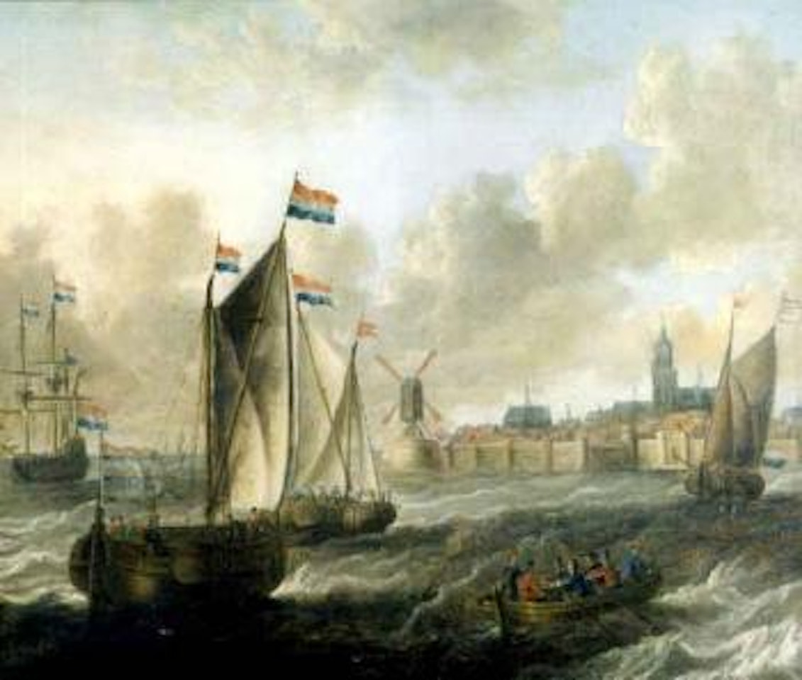 Marine with yachts and sloops in a Dutch city by Pieter van de Velde