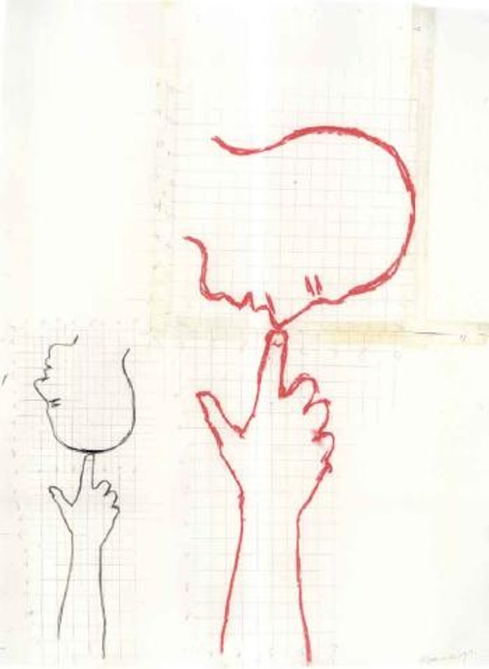 Double sized head on hand by Bruce Nauman