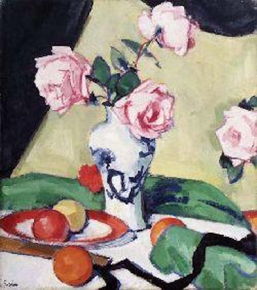 Still life of pink roses and fruit by Samuel John Peploe