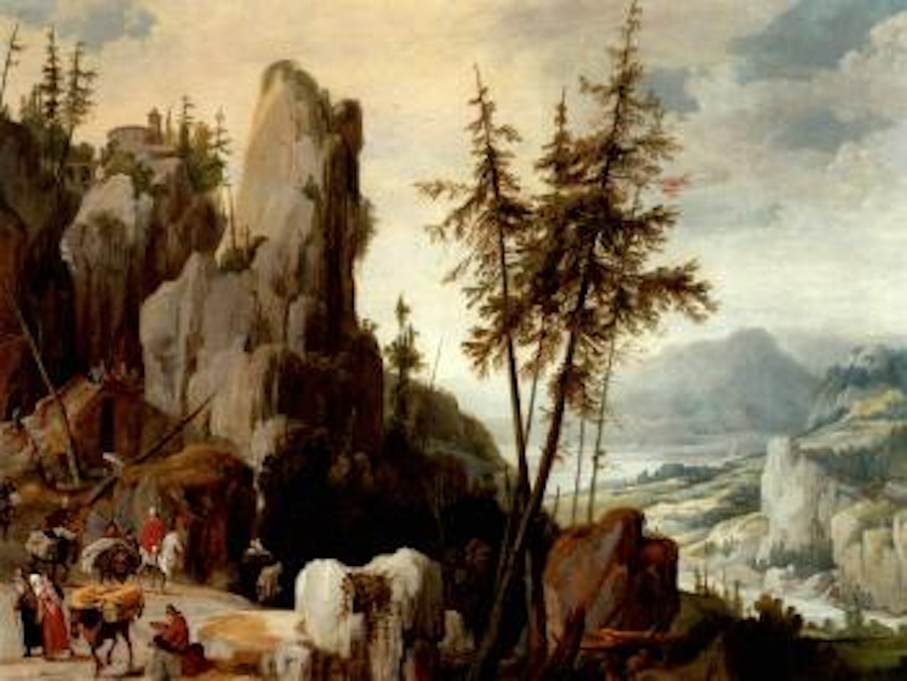 Extensive mountainous landscape with travellers on a path by Joos de Momper the Younger