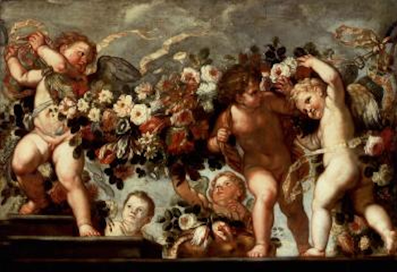 Putti with festoons of roses, tulips and other flowers on parapet with steps by Carlo Maratta by Franz Werner von Tamm