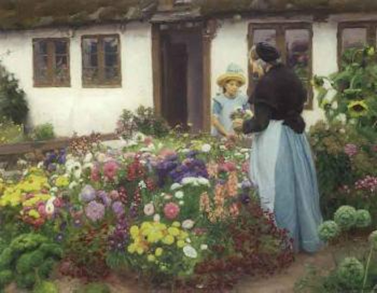 Farmhouse idyll with woman and girl by flowerbed by Hans Andersen Brendekilde