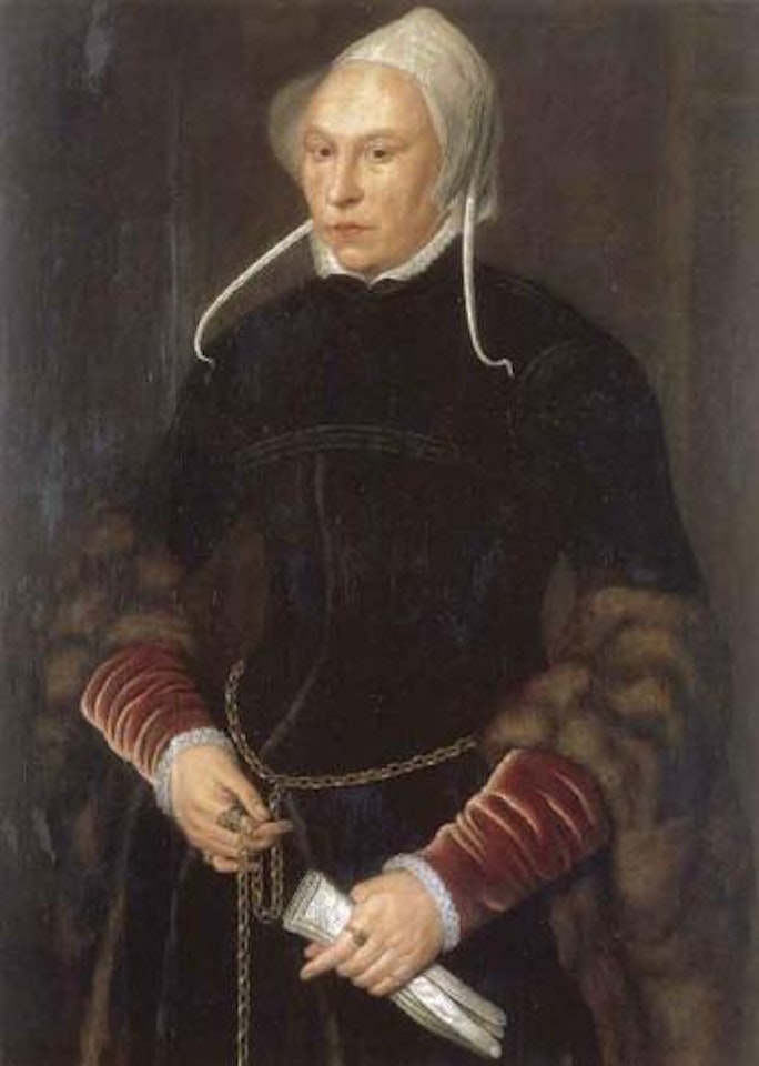 Portrait de dame de qualite tenant un gant a la main by Dutch School