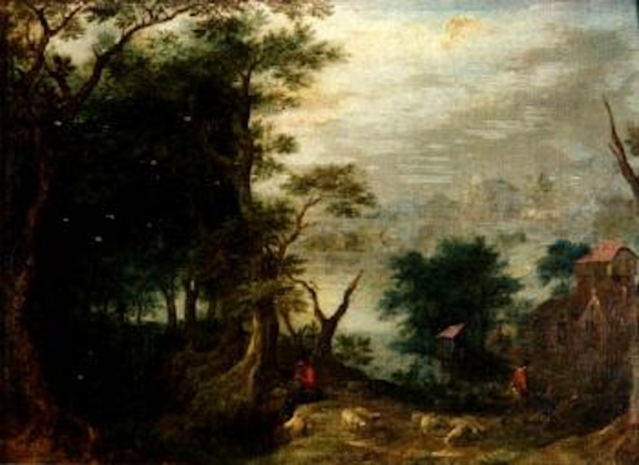 Wooded river landscape by Abraham Govaerts