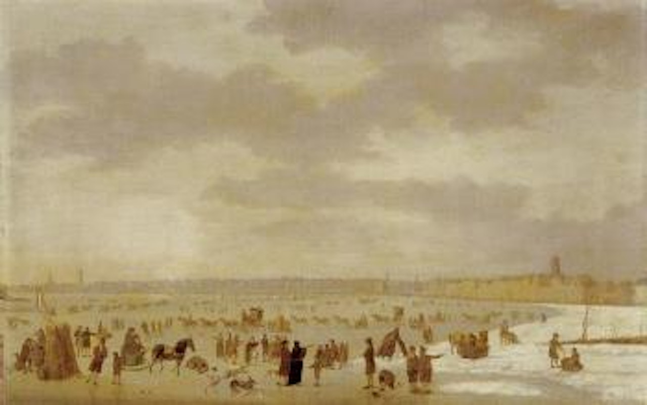 Elegant figures enjoying the ice with town beyond by Dutch School