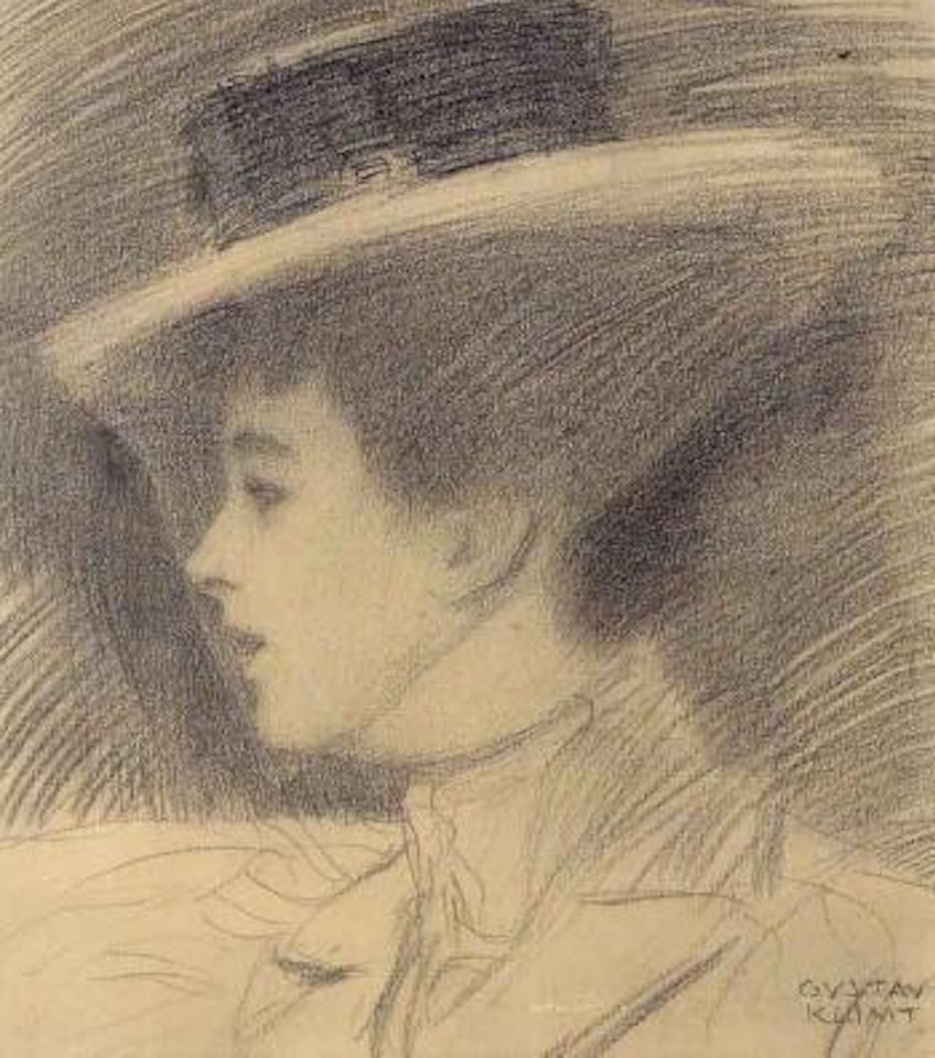 Head of girl wearing hat with veil by Gustav Klimt