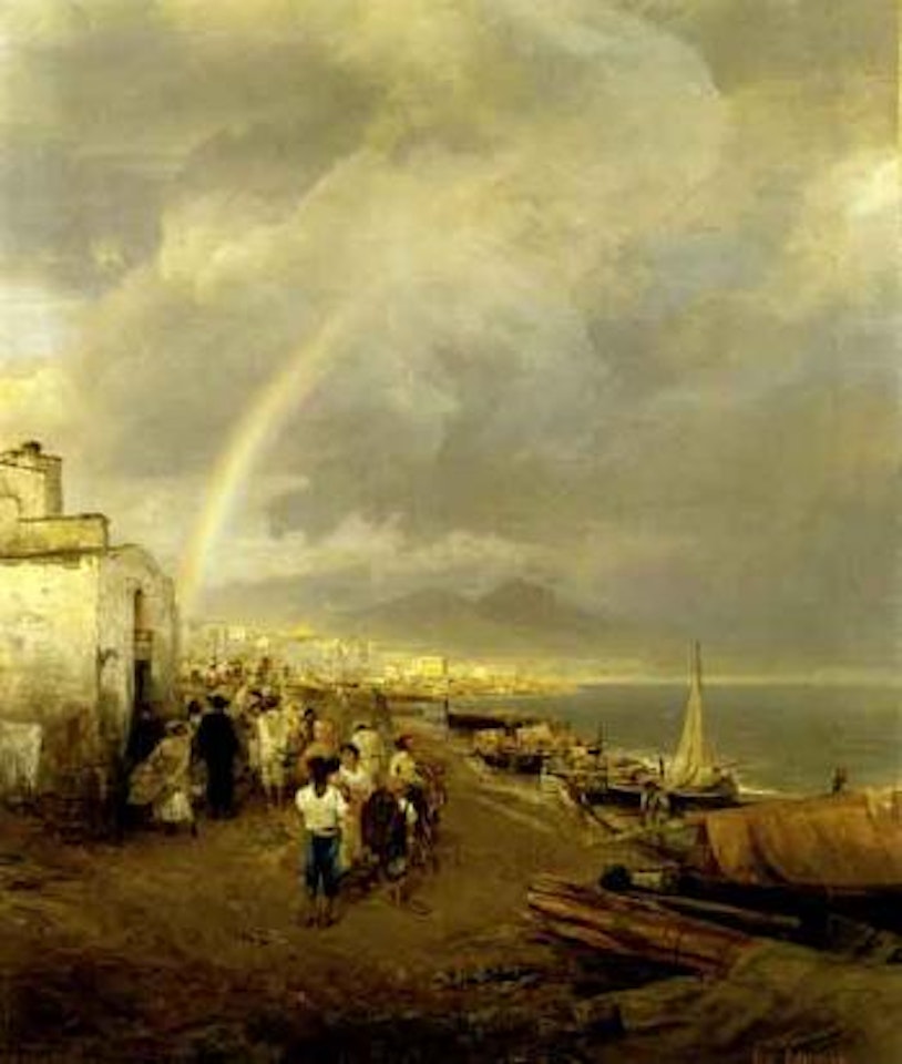 Rainbow and gathering storm over Bay of Naples by Oswald Achenbach
