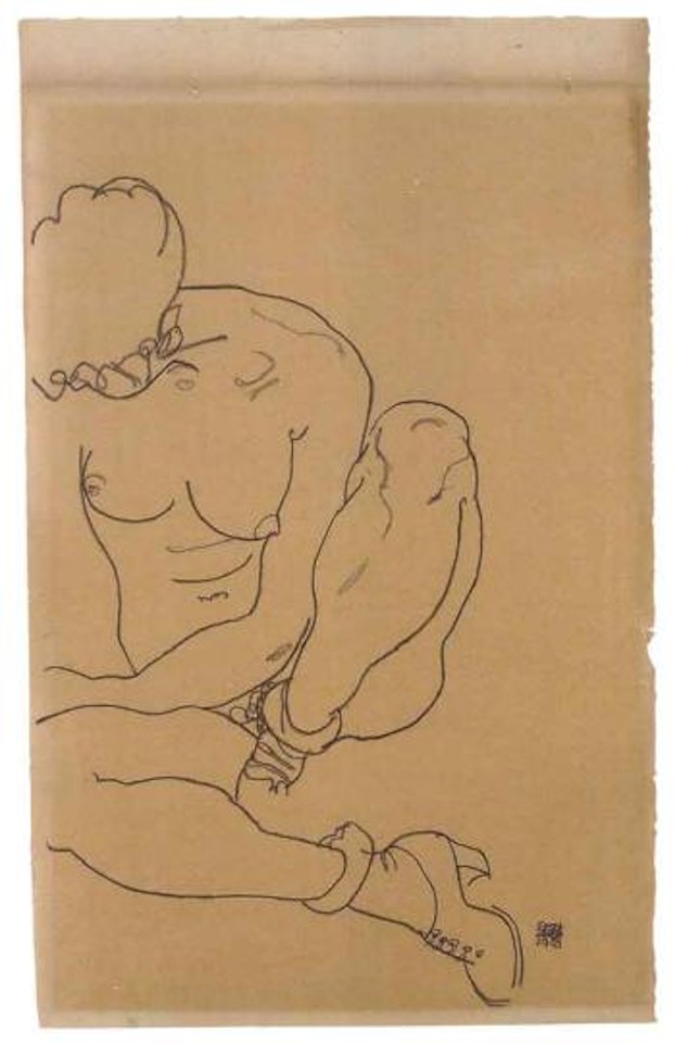 Naked girl seated, head bowed by Egon Schiele