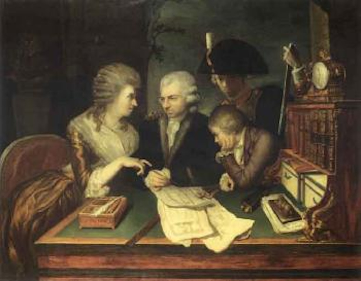 Interior with a family seated around a bureau studying architectural plans by French School