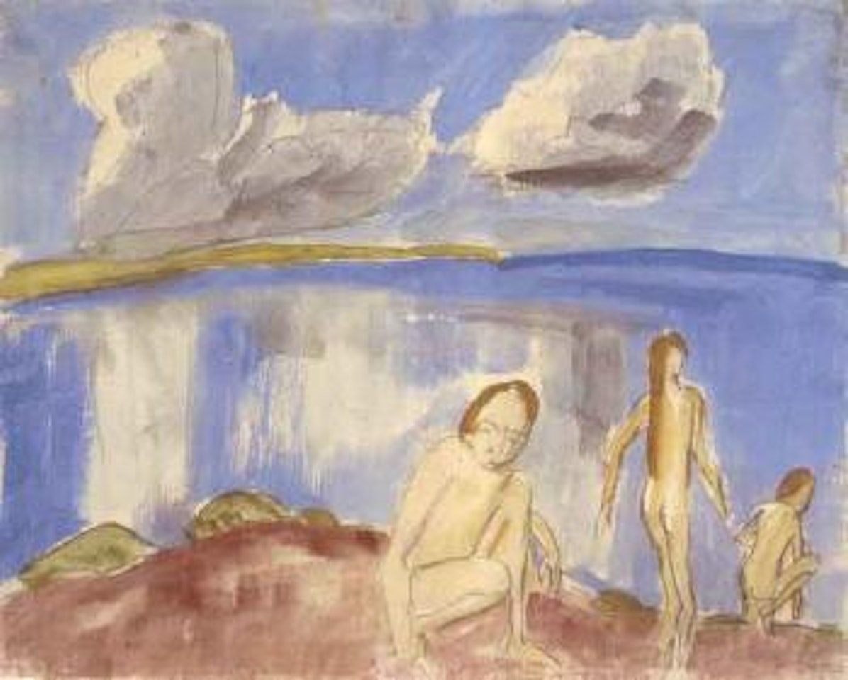 Three female nudes by a lakeside by Erich Heckel