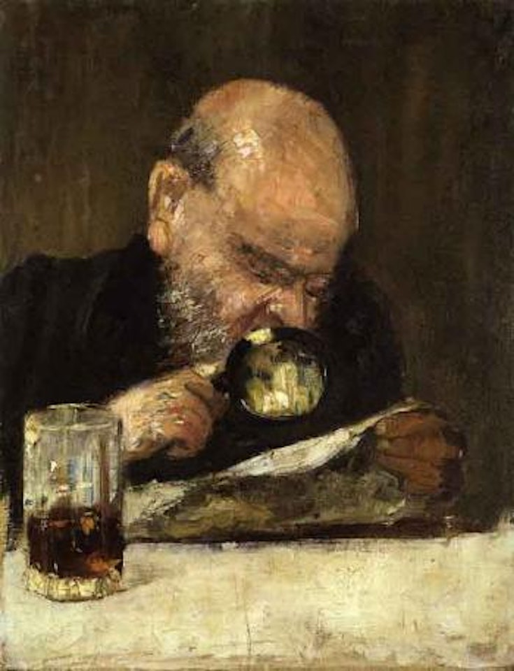 Man reading with a magnifying glass by Lesser Ury