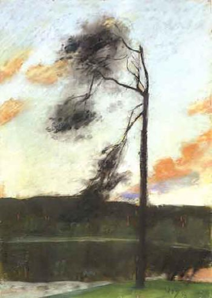 Evening landscape with a tree and a lake by Lesser Ury
