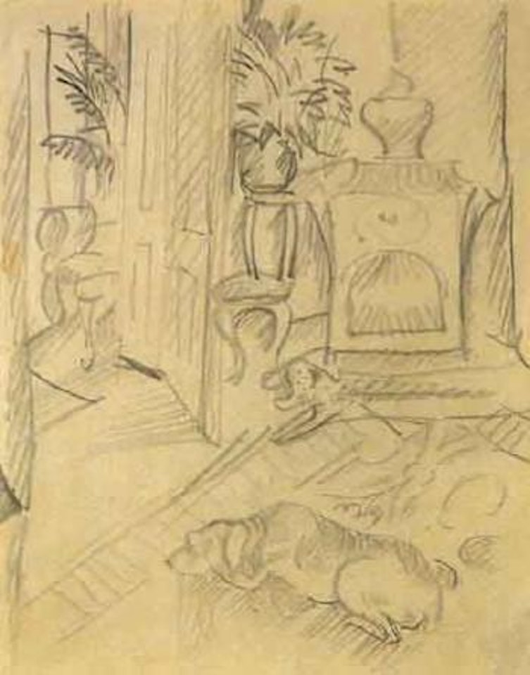 Dog lying in front of the fireplace by August Macke