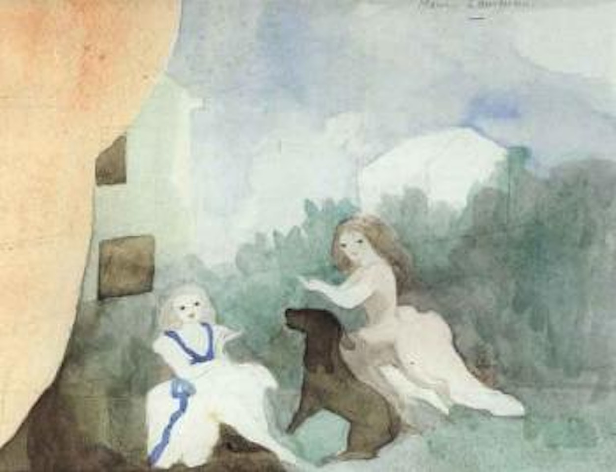 Deux fillettes au chien marron by Marie Laurencin