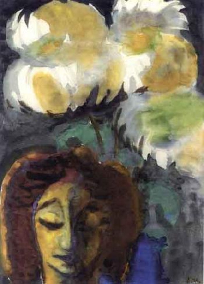 Girl's head and flowers by Emil Nolde