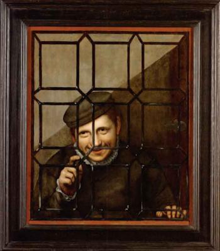Buffoon looking through casement window by Netherlandish School