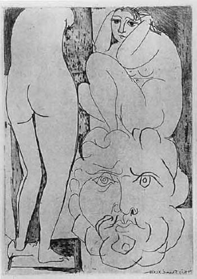 Modele accroupi, sculpture de dos et tete barbu by Pablo Picasso