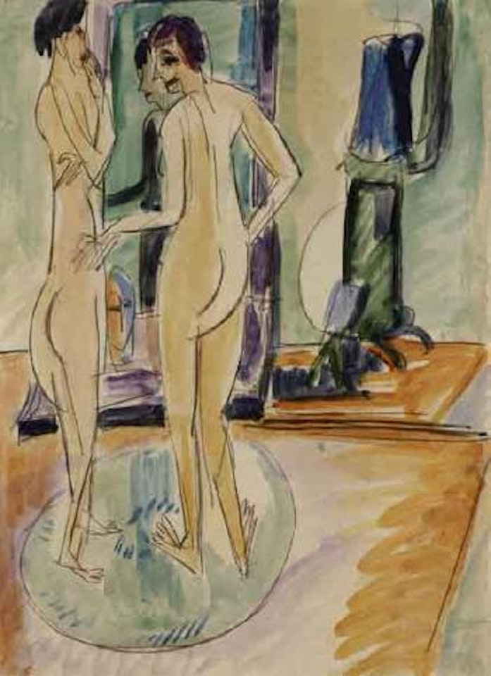 Two nude girls by oven by Ernst Ludwig Kirchner