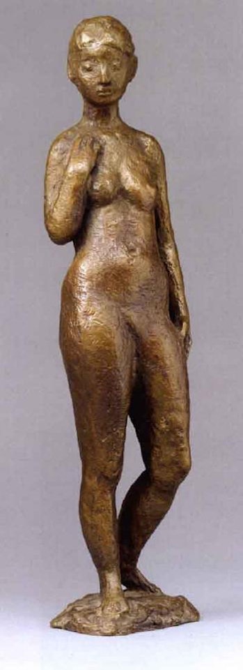 Small standing woman with hand on chest by Gerhard Marcks