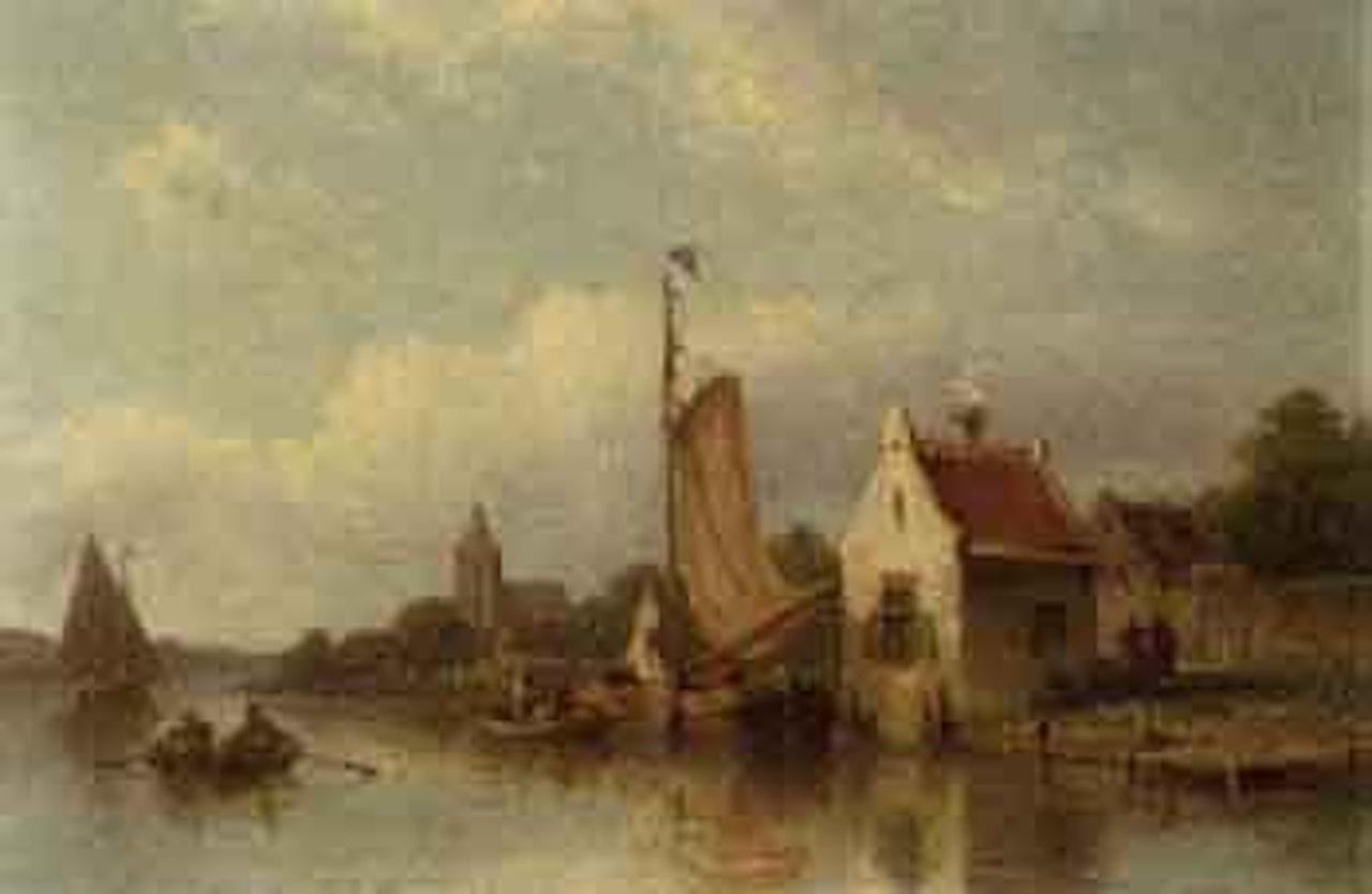 A river landscape with fishermen in their boats by Eduard Alexander Hilverdink