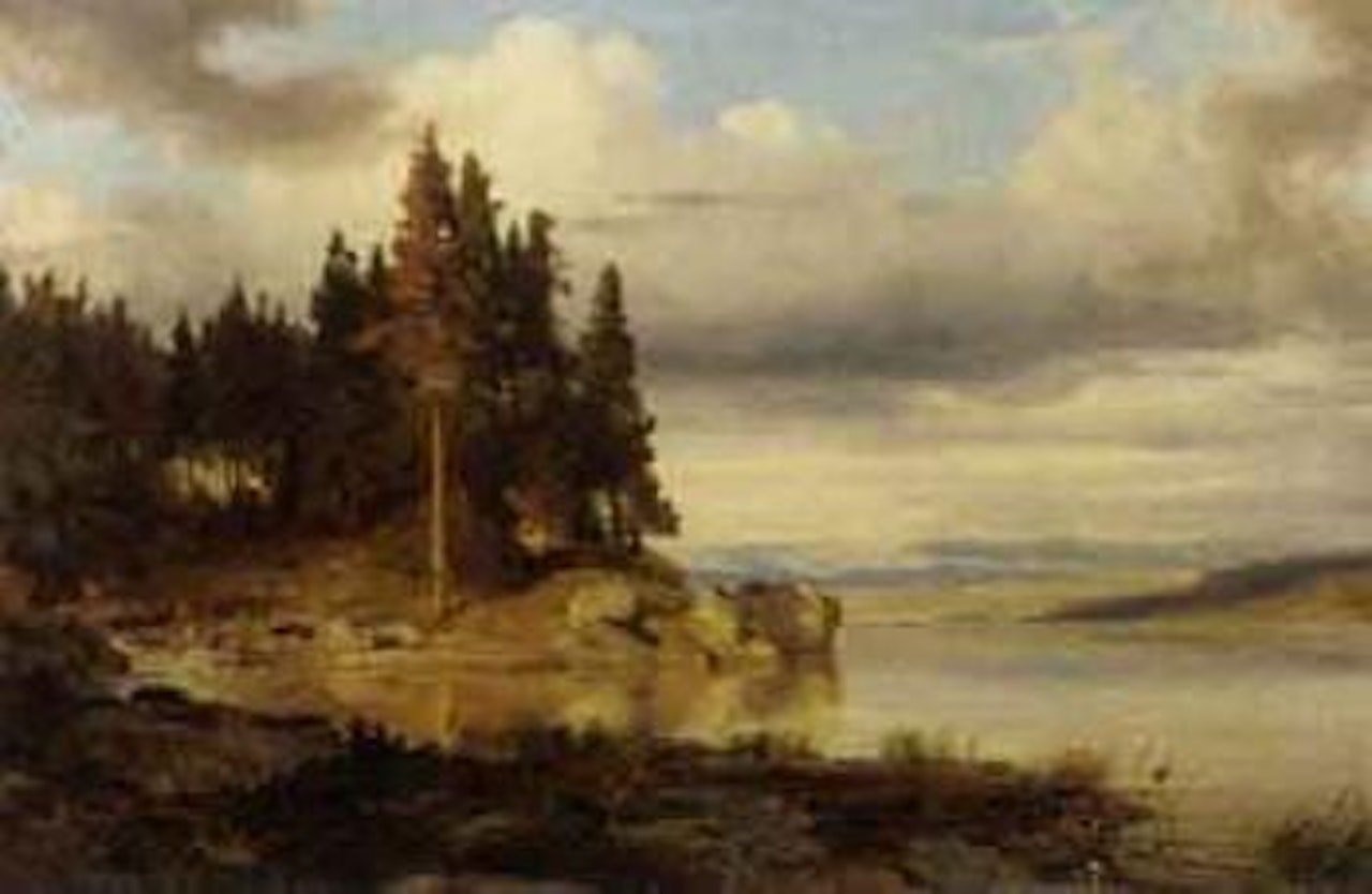 Calm autumn day by a lake, hills in the distance by Oswald Achenbach