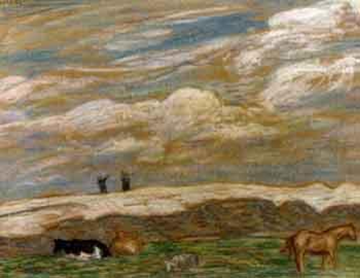 Landschap figuren koeien paard - Landscape with figures, cows and horses by Leo Gestel