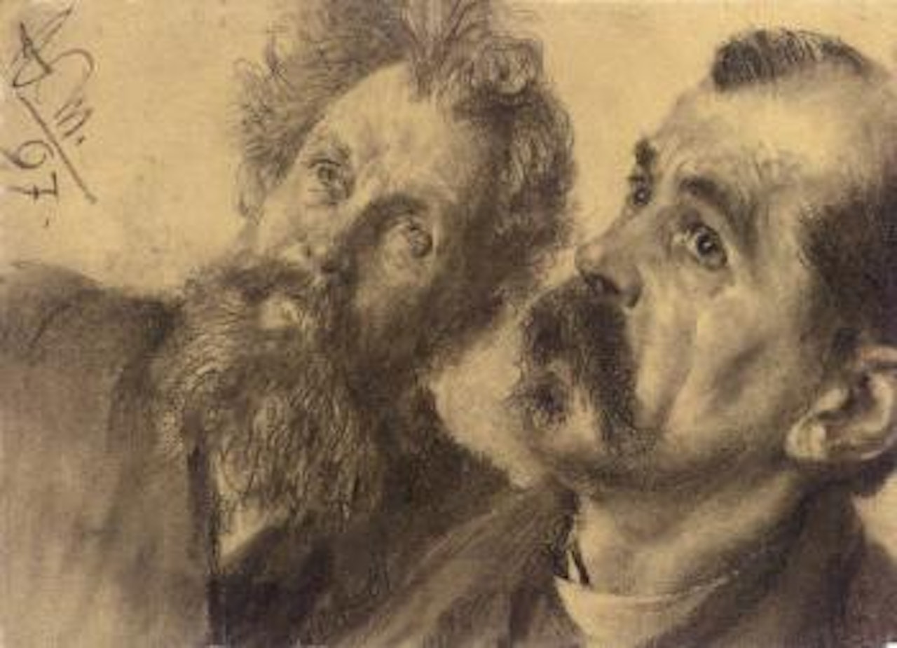 Studie zweier aufblickender Manner - Study of two men by Adolph Menzel