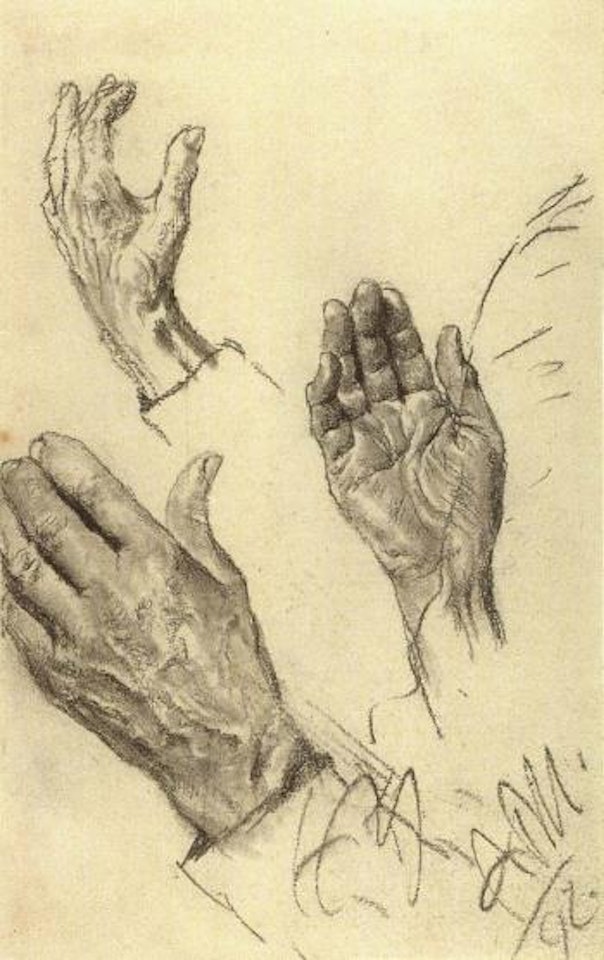 Three studies of a hand seen from different angles by Adolph Menzel