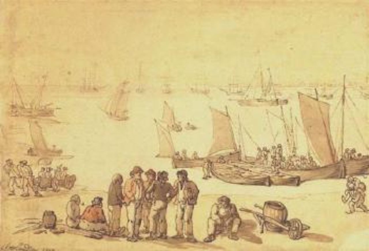 Sailors on the shore, with a fleet of ships in the distance by Thomas Rowlandson