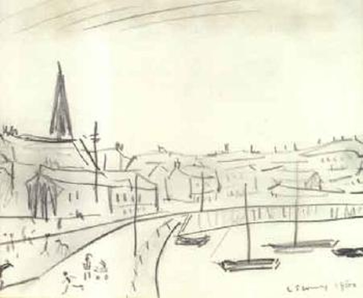 Town beside a river estuary with boats in the foreground by Laurence Stephen Lowry