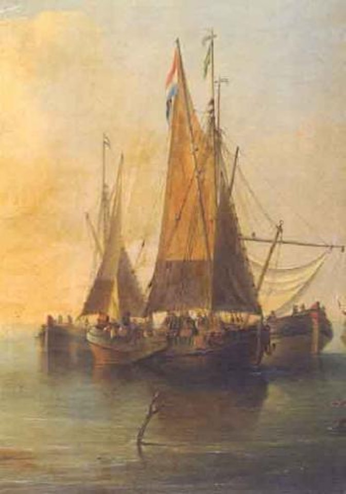 Figures and fishing boats in a calm by John Wilson Carmichael