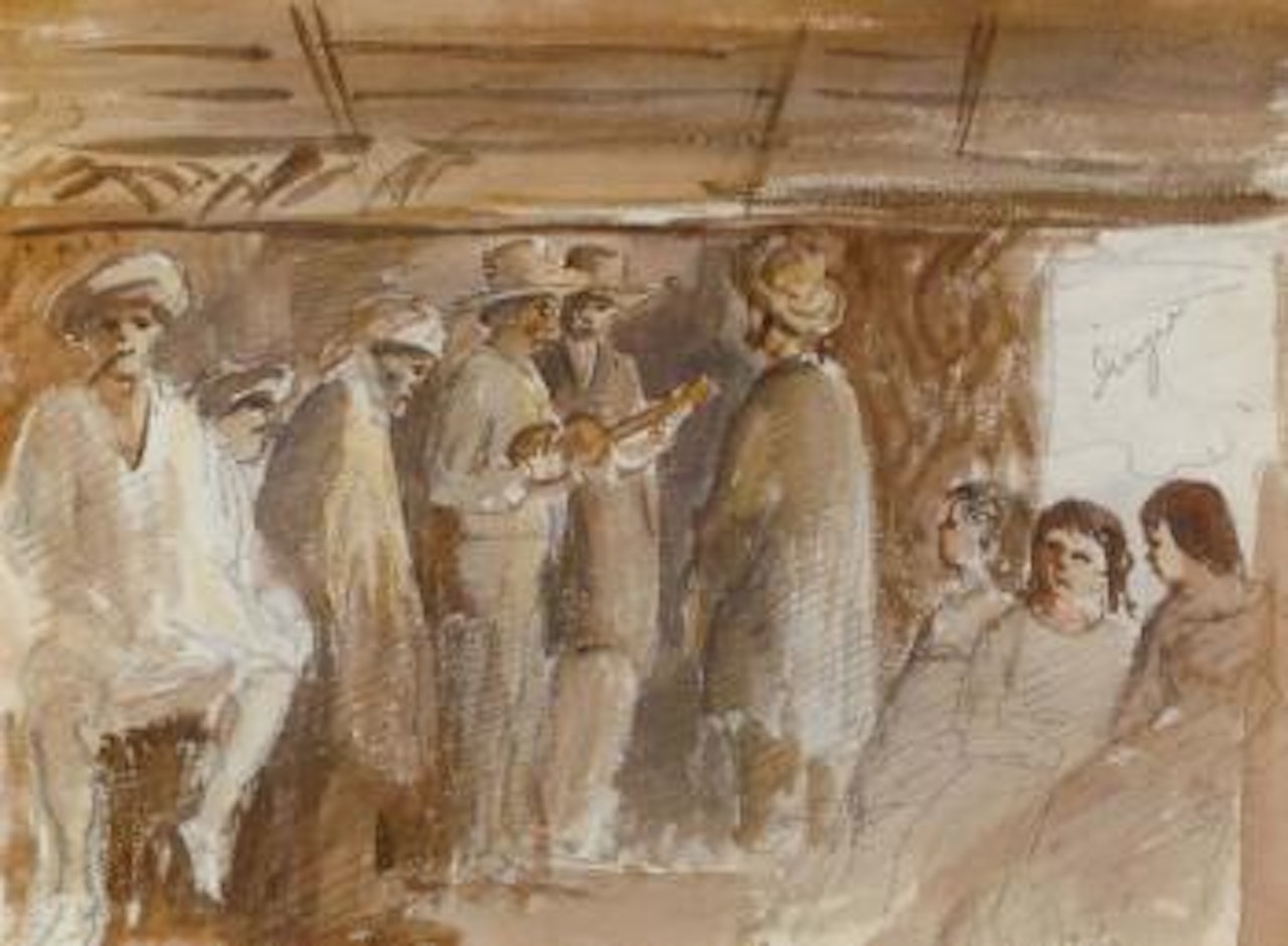 Assembly in San Jose with two men. Studies of babies by Camille Pissarro