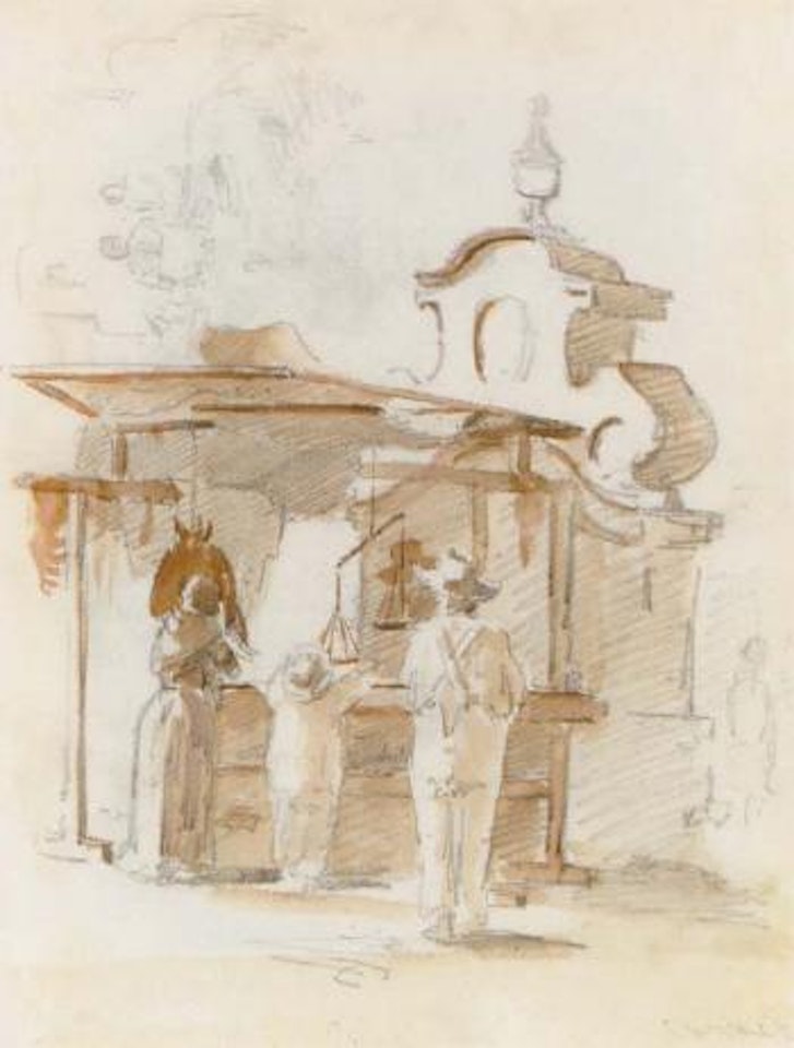Three figures by a fountain, Saint Lazaro in the mountains by Camille Pissarro