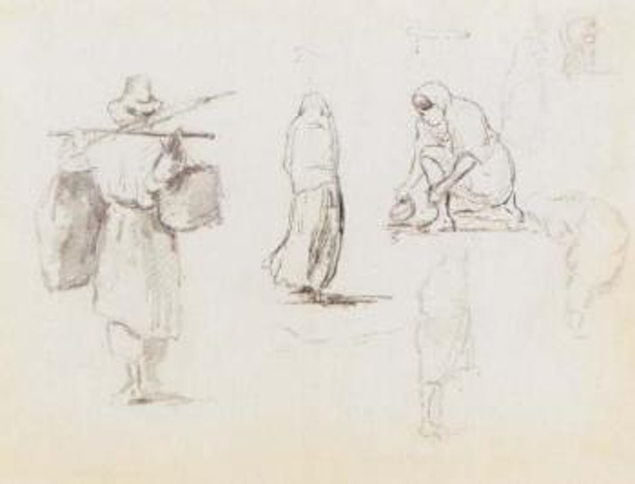 Man carrying two bags on a pole across his shoulders by Camille Pissarro