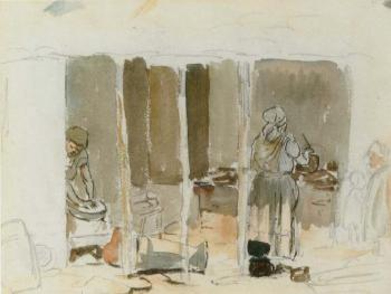 Two women cooking in a kitchen. House with figures nearby a portrait of Frits Melbye sketching by Camille Pissarro