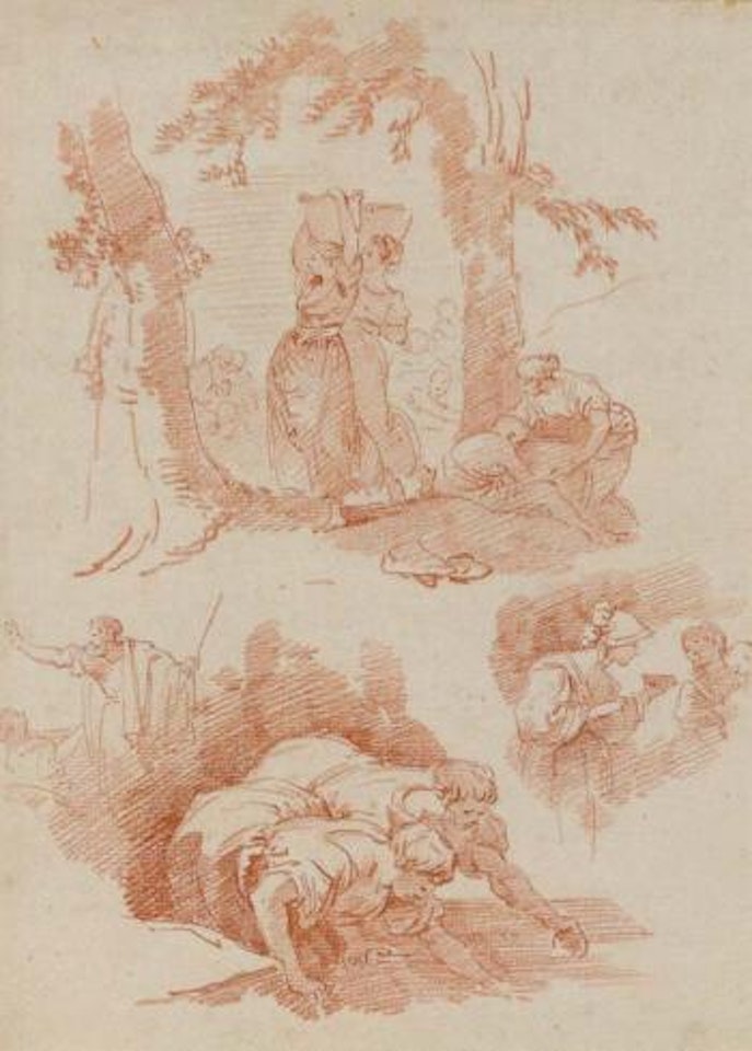 Two women carrying baskets, two figures collecting water by Jean-Honoré Fragonard
