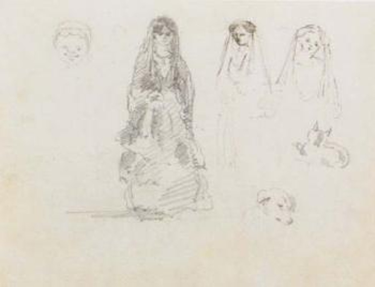 Woman wearing a mantilla . Figures in front of a cottage by Camille Pissarro