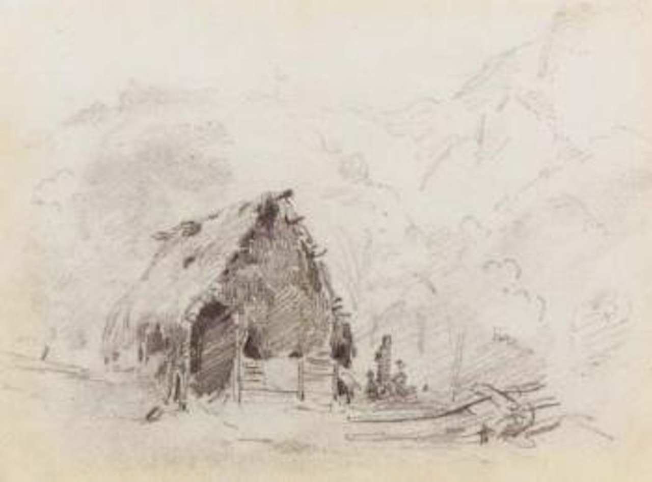 Hut in mountainous landscape. Studies of woman washing by Camille Pissarro