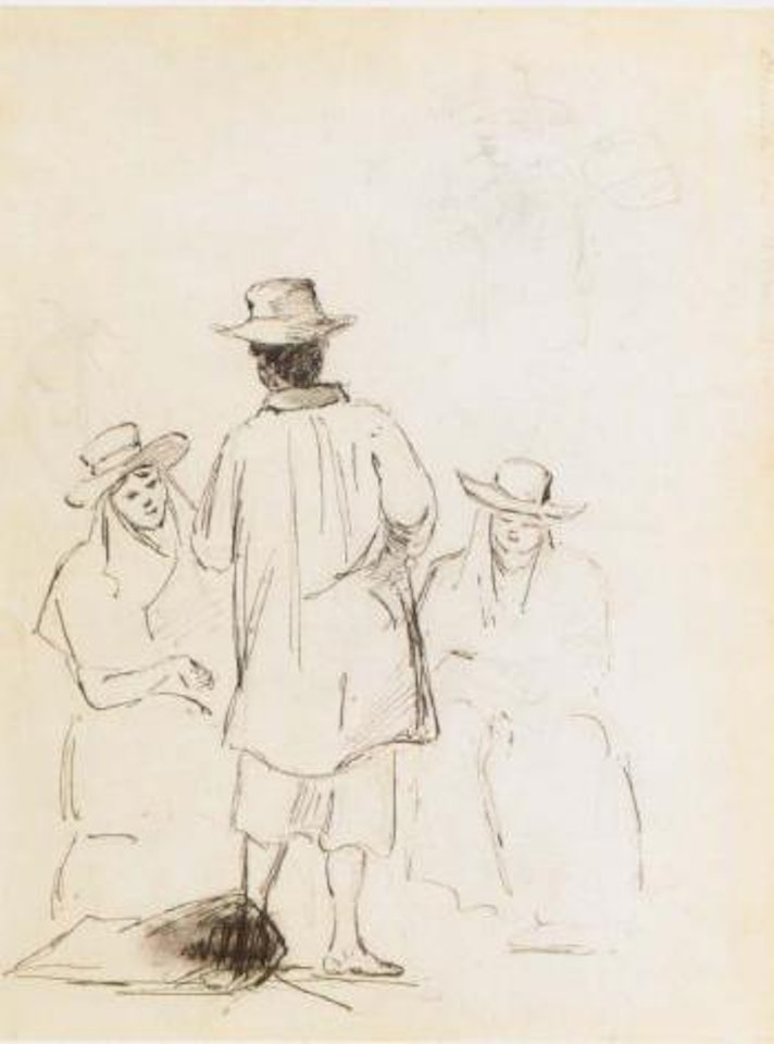 Two seated women conversing with a man by Camille Pissarro