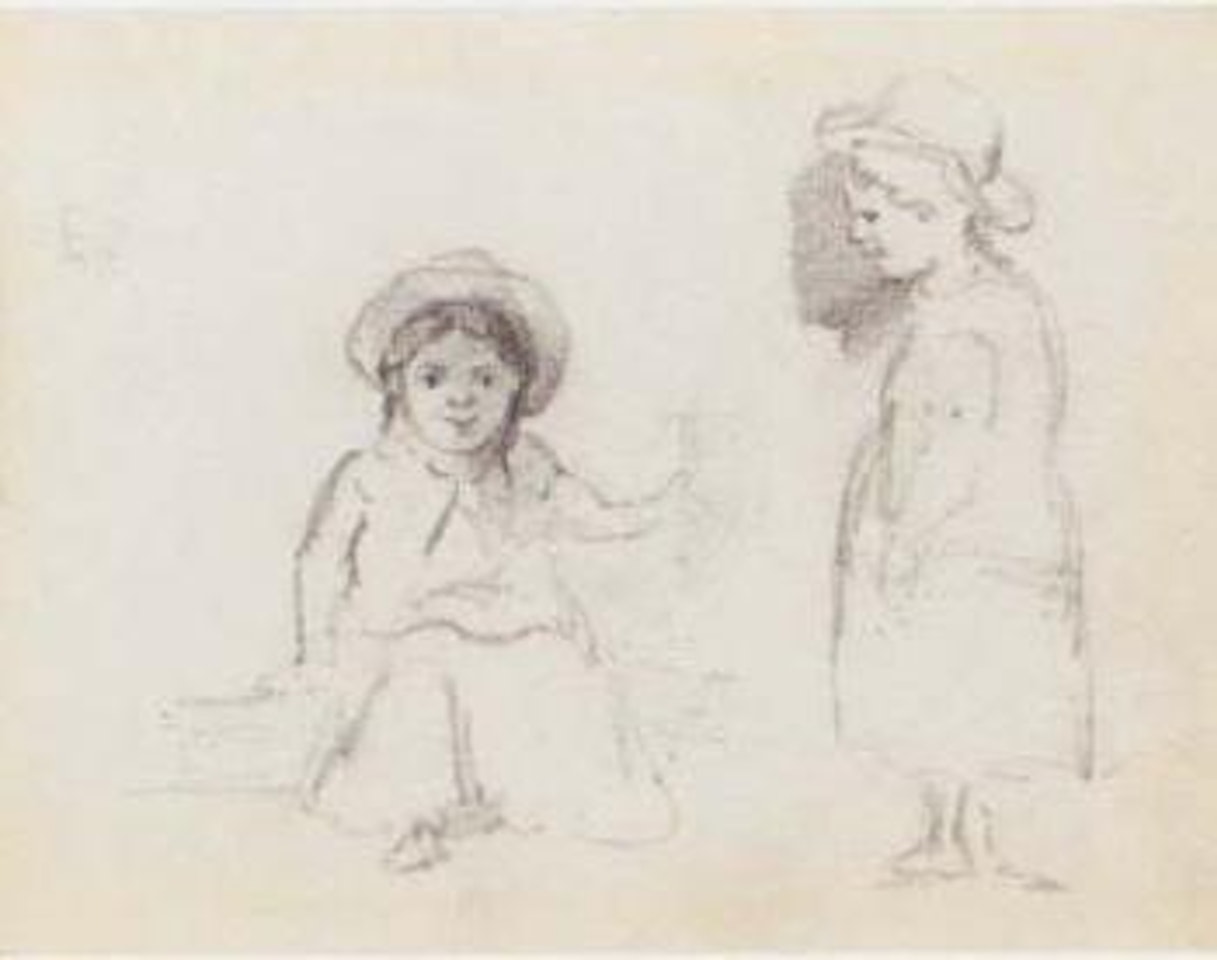 Seated girl with a boy standing. Hammock with studies of children by Camille Pissarro