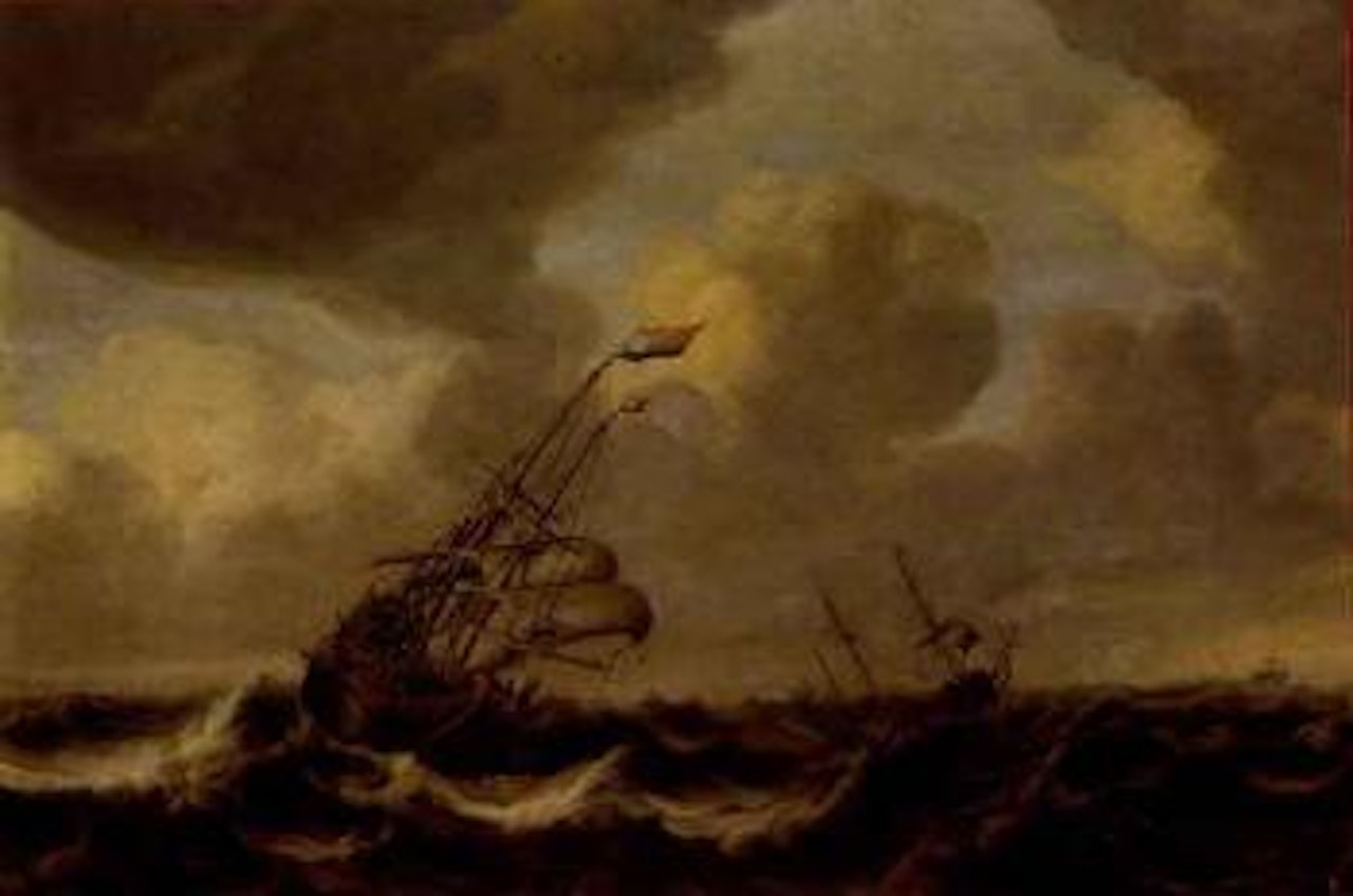 Dutch ships in choppy sea by Abraham van Beijeren