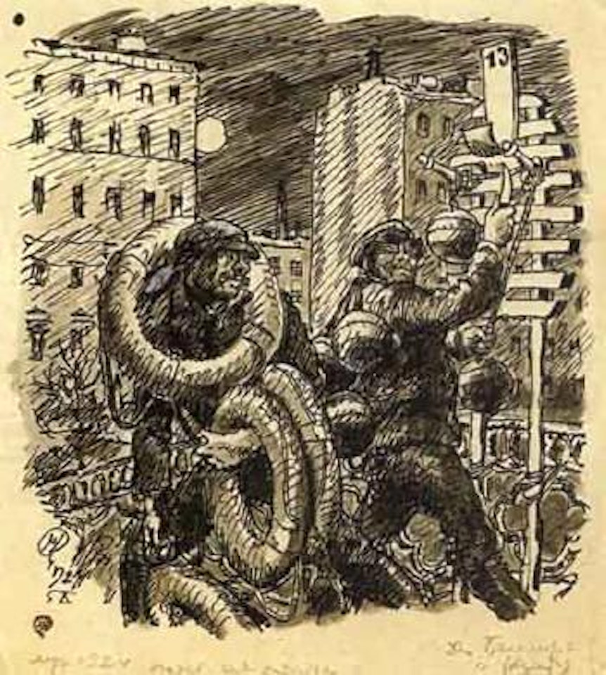 Les voleurs de bouees. Le roi pouilleux. Personnage dans la rue. Personnage sur une colline by Mstislav Valerianovich Dobuzhinsky