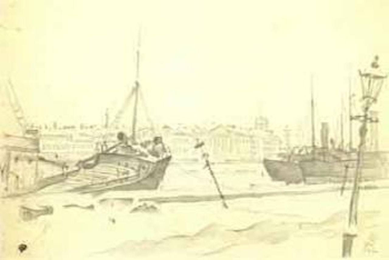 Bateaux pris dans la glace sur les quais de la Neva, Saint-Petersbourg by Mstislav Valerianovich Dobuzhinsky