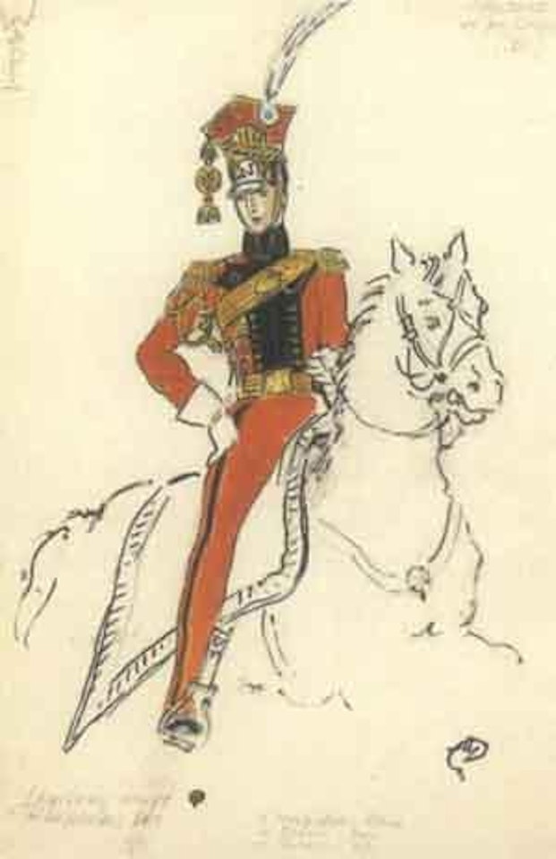 Projet de costume pour le lancier rouge de la Garde, Guerre et Paix by Mstislav Valerianovich Dobuzhinsky