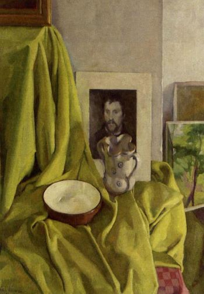 Still life with green drapery by Luigi Lucioni