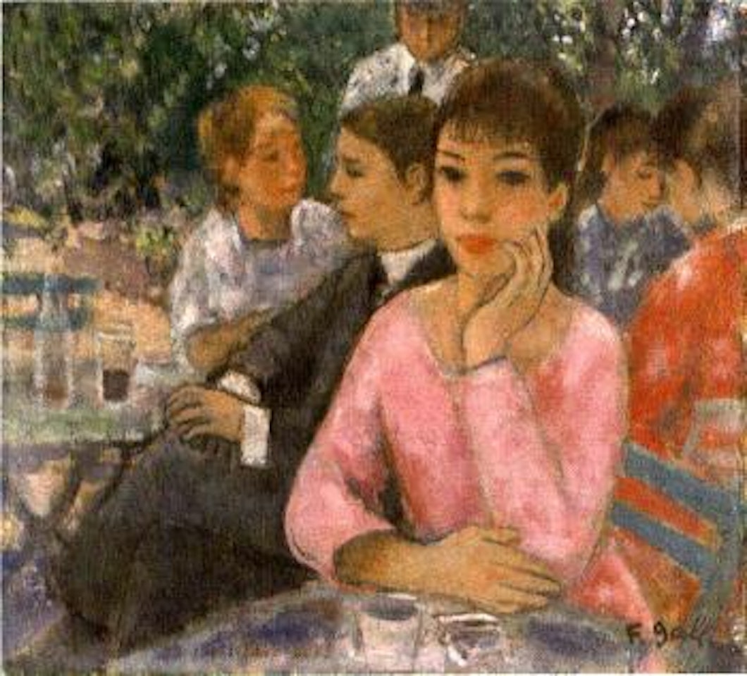 Jeune femme en rose, attablee dans un jardin by François Gall