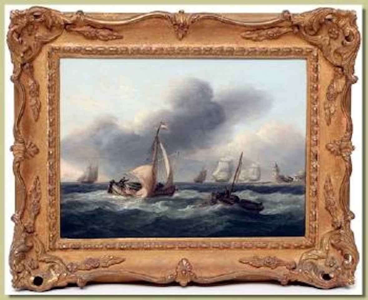 Fishing boats and Men-'o-war by a lighthouse in a rough sea by Thomas Luny