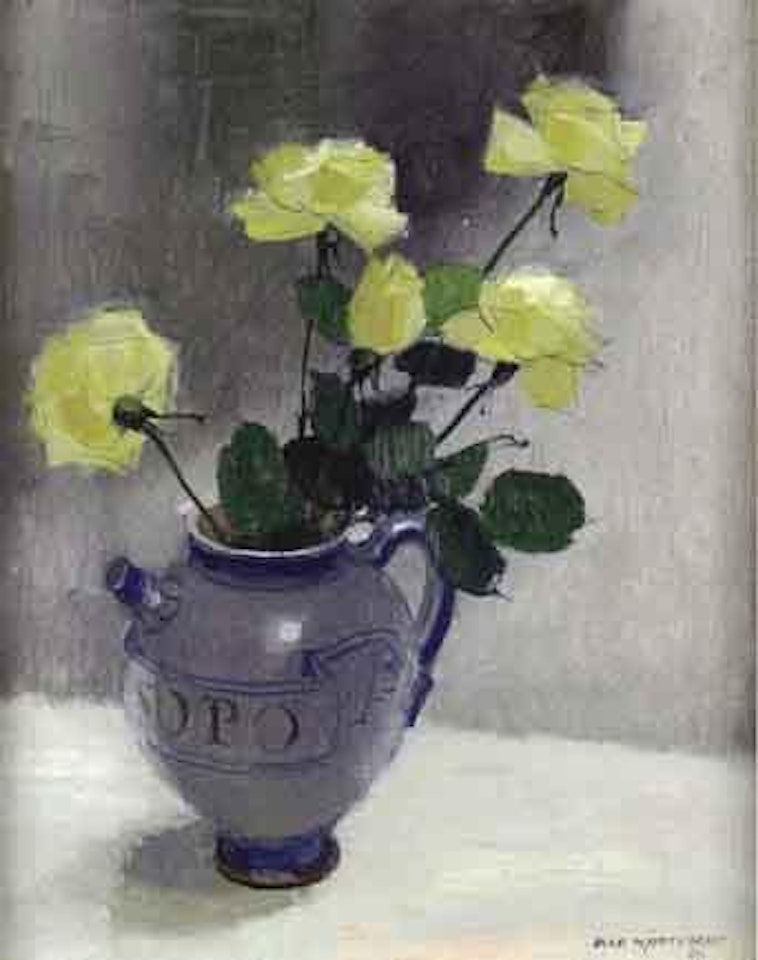 Still life of yellow roses in jug by Olle Hjortzberg