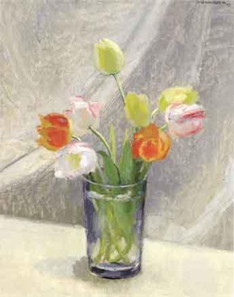 Still life of tulips in glass vase by Olle Hjortzberg