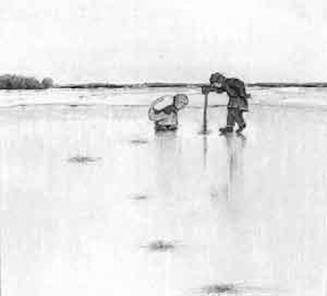 Children studying prismatic effects in ice cracks by William Kurelek